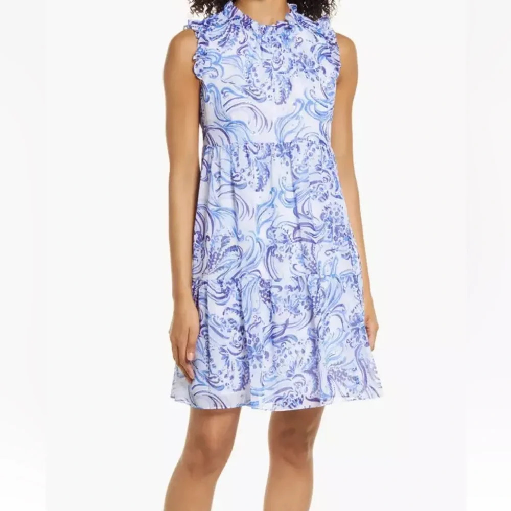 Lilly Pulitzer Blue & White Ruffle-Neck Tiered Midi Dress